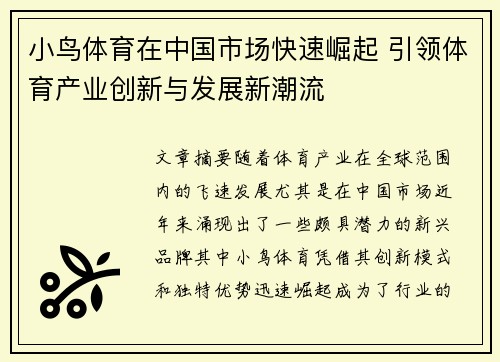 小鸟体育在中国市场快速崛起 引领体育产业创新与发展新潮流