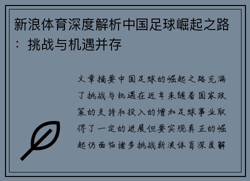 新浪体育深度解析中国足球崛起之路：挑战与机遇并存